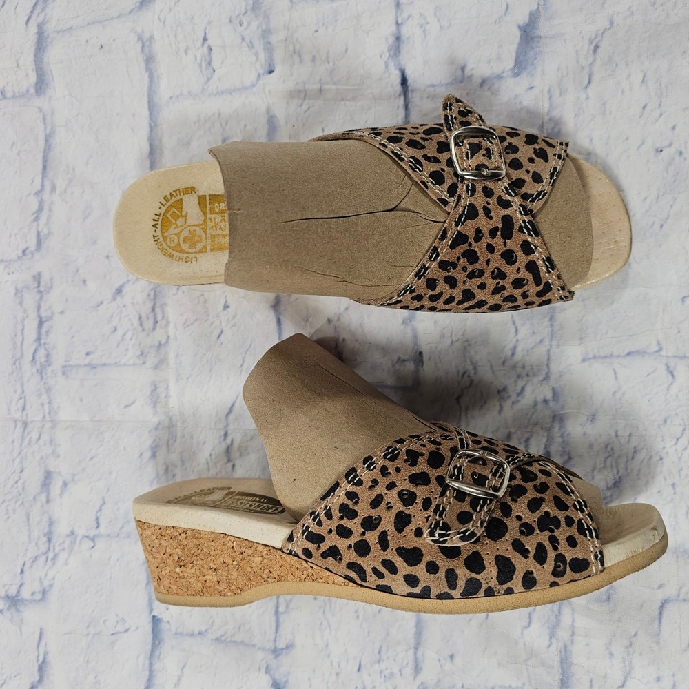 Worishofer Slide Sandals 40 US 9 Brown Leopard Print Leather Cork Wedge Buckle